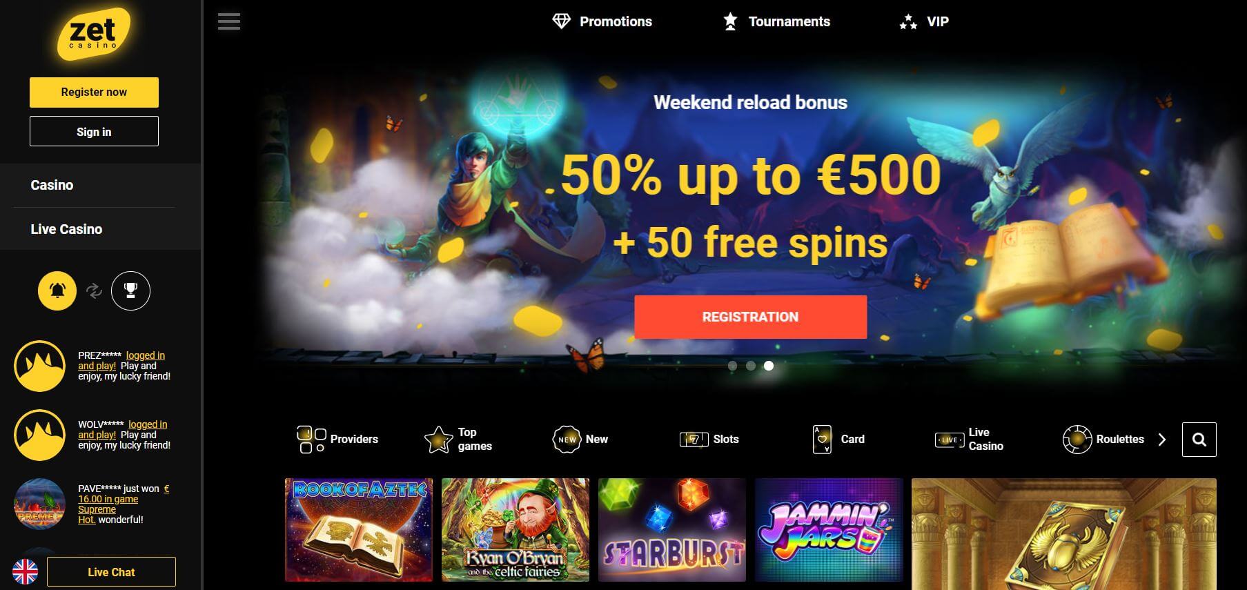 Zet Casino homepage