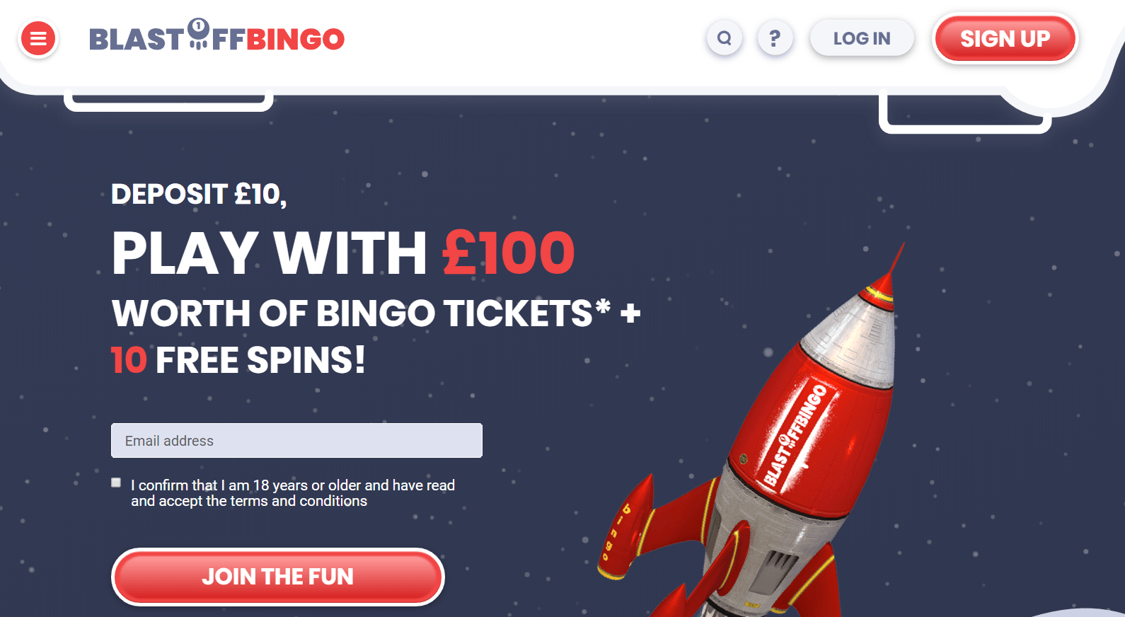 Blast Off Bingo homepage